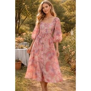 NWT Ollari Dress Boho Chic Midi Dress Eyelet Lace Cottagecore Tie Dye Sz Med